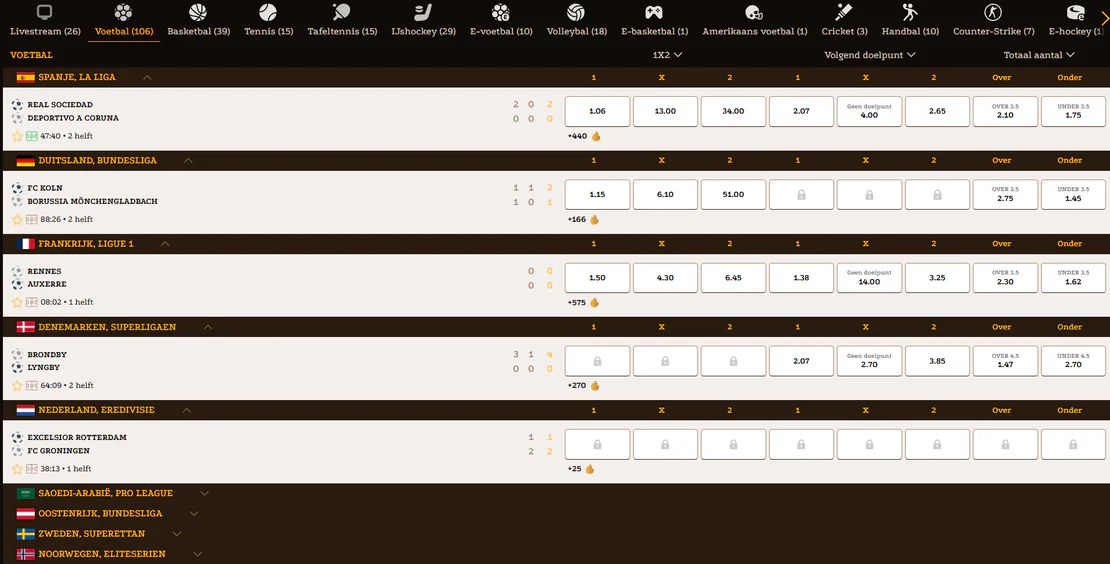 Lizaro Casino live sportweddenschappen met actuele quoteringen voor voetbalwedstrijden in de Bundesliga, La Liga, Eredivisie en Ligue 1