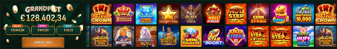 Lizaro Casino overzicht van de Grandpot-jackpot van €128.402,34 en populaire jackpotspellen zoals Fire Crown, Diamond Forge, Hot Step 2 en Joker Streak XI